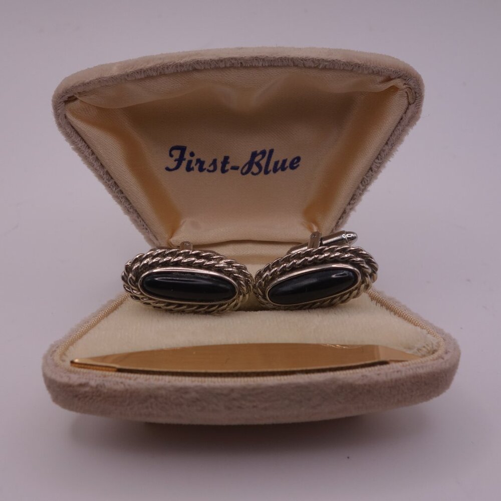 First-Blue Oval Stone Cuff Links with Jewellery Box